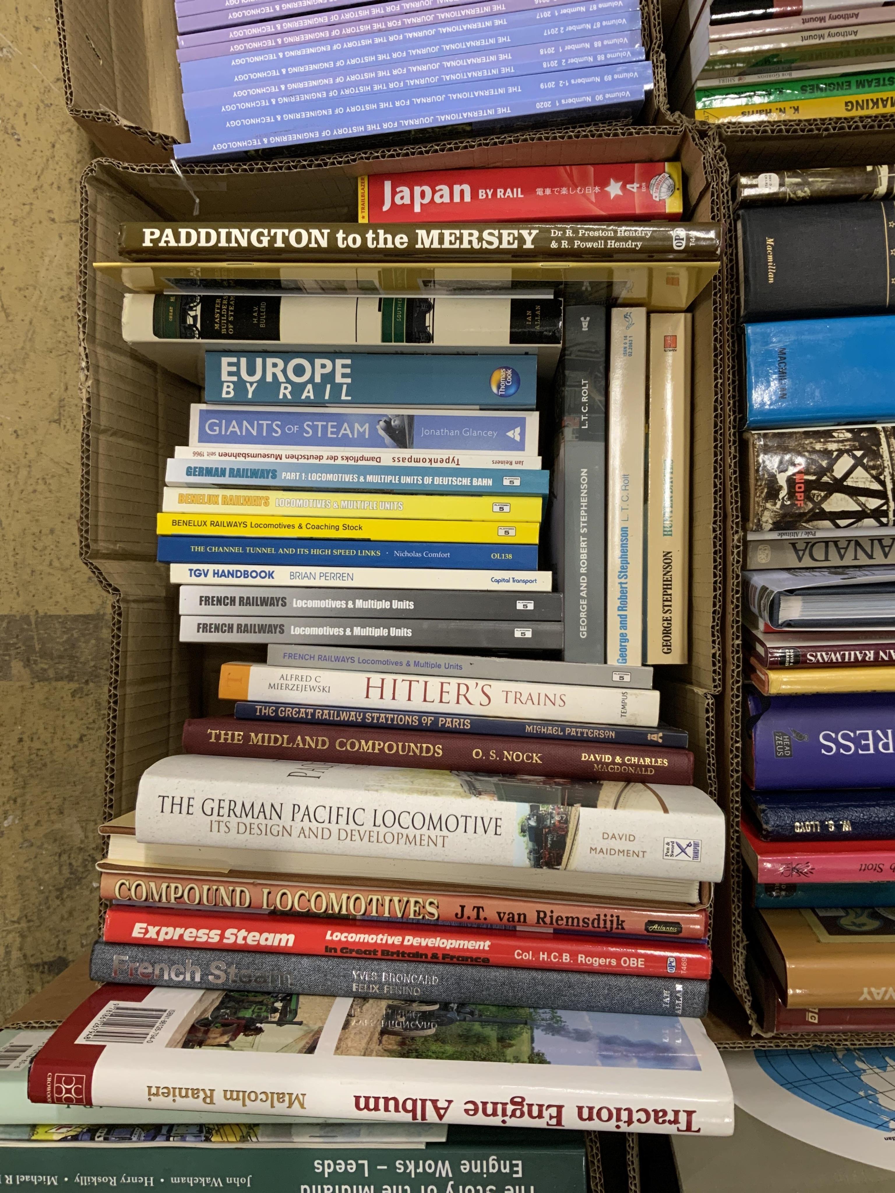 Eight boxes of railway related books, subjects include; Southern Railway, Garrett rolling stock, European railways, stationary engines, Indian Railways, American Railways, publishers include Middleton Press, David & Char
